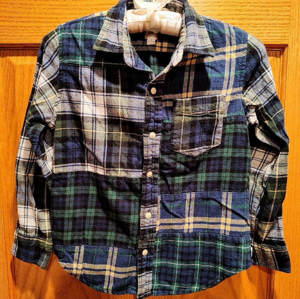GAP Boys M Plaid Flannel Shirt, Long-sleeved Navy and Green